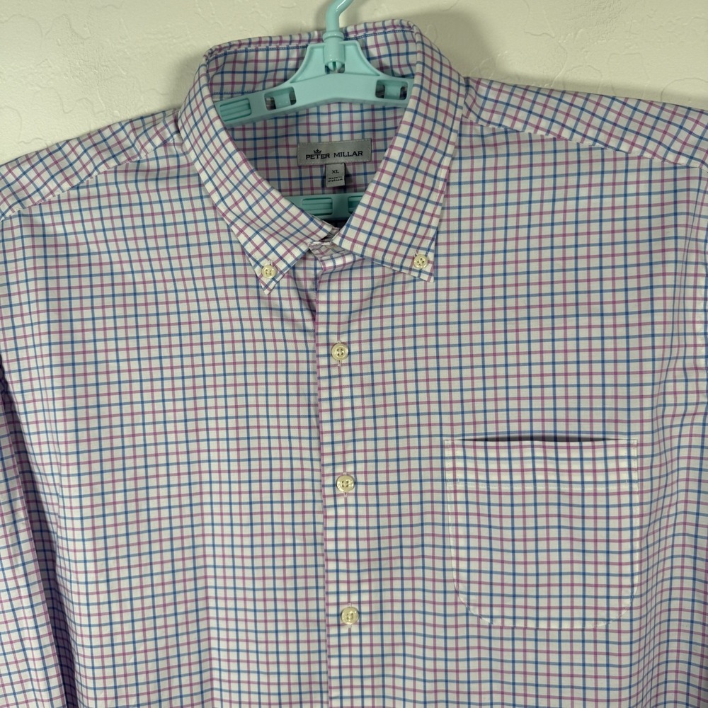 Peter Millar Shirt Mens XL White Purple Blue Crown Ease Royce Sport Check